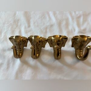 Set of 4 Brass Elephant Head Wall Hooks Gold Tone Metal Coat Hooks Safari Decor